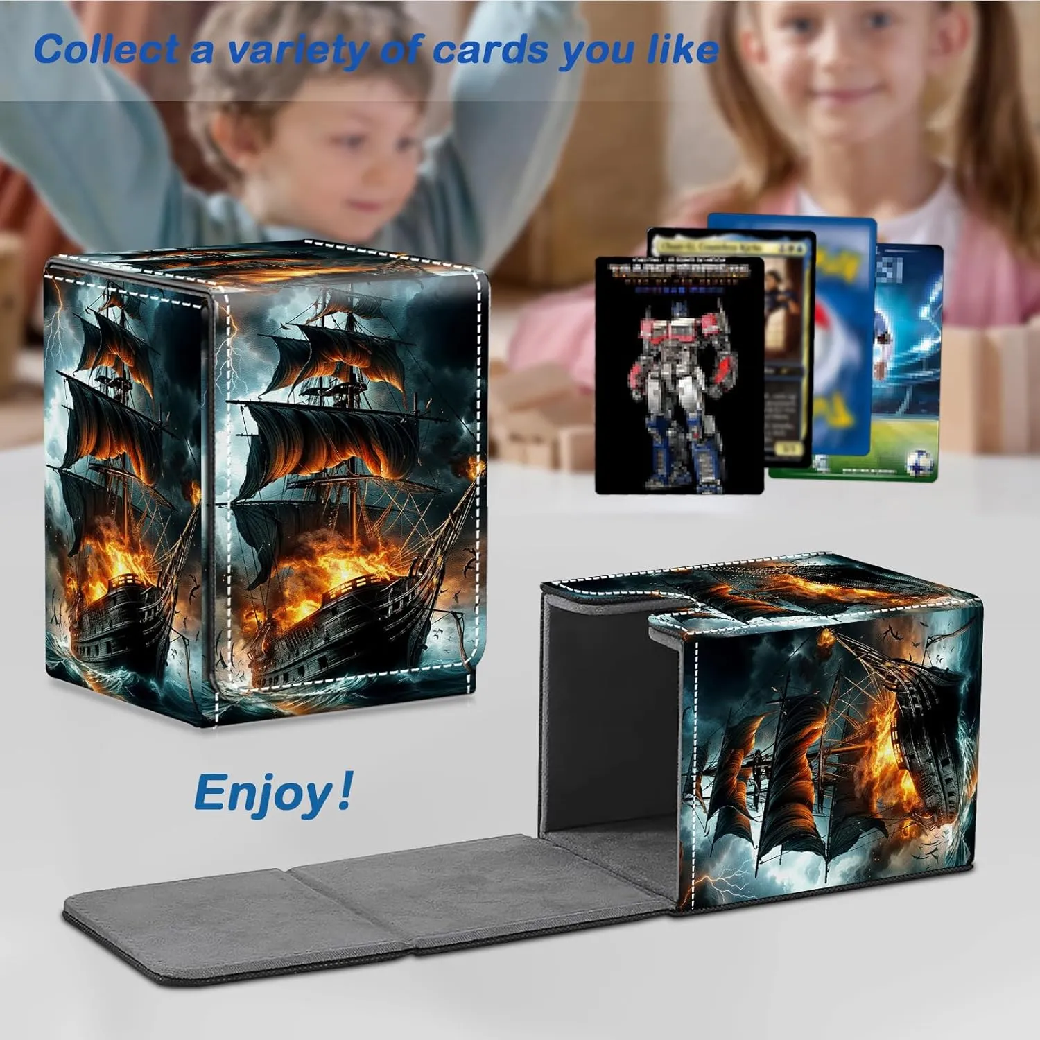 Card Deck Box for MTG Commander Trading Cards with Magnetic Closure,Premium Card Storage Box Case Cover for MTG TCG CCG Magic Cards,Pirate Ship Fire