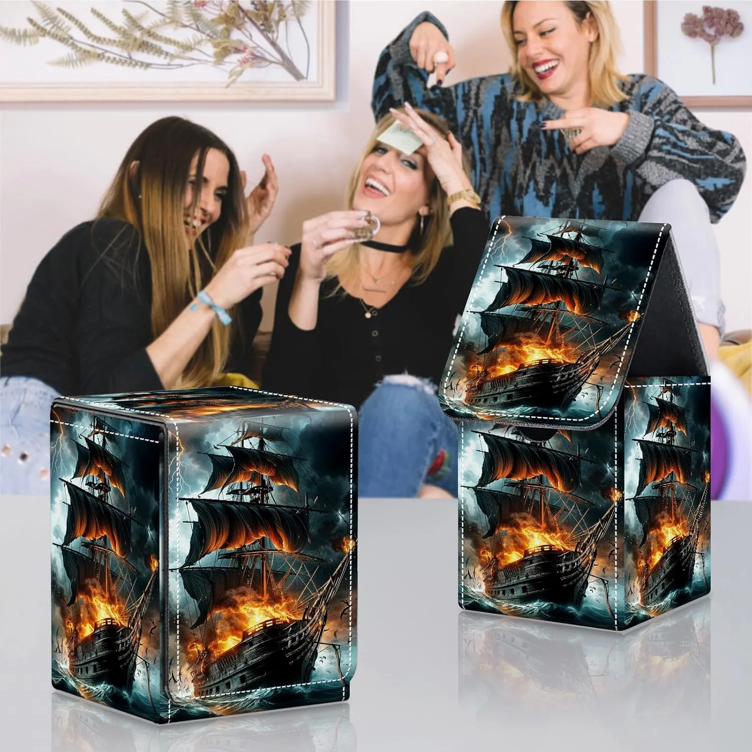 Card Deck Box for MTG Commander Trading Cards with Magnetic Closure,Premium Card Storage Box Case Cover for MTG TCG CCG Magic Cards,Pirate Ship Fire
