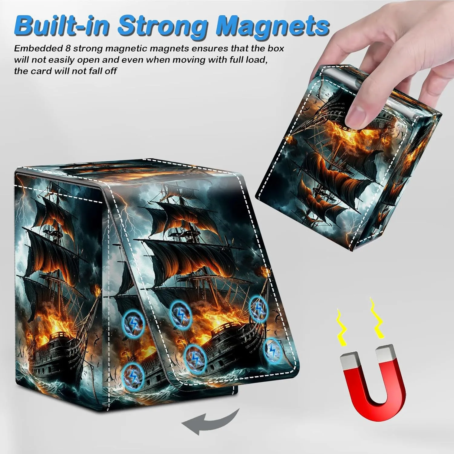 Card Deck Box for MTG Commander Trading Cards with Magnetic Closure,Premium Card Storage Box Case Cover for MTG TCG CCG Magic Cards,Pirate Ship Fire