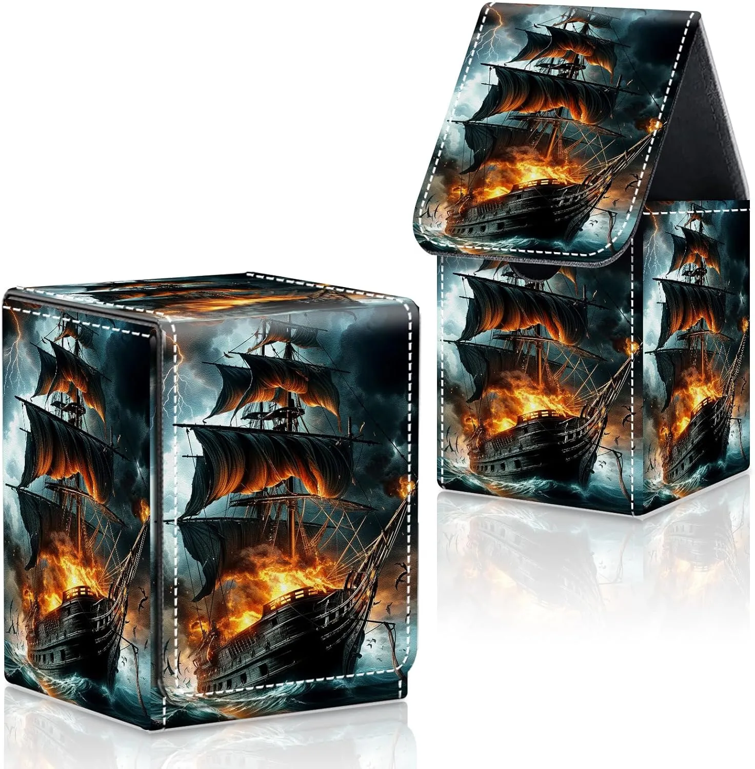 Card Deck Box for MTG Commander Trading Cards with Magnetic Closure,Premium Card Storage Box Case Cover for MTG TCG CCG Magic Cards,Pirate Ship Fire