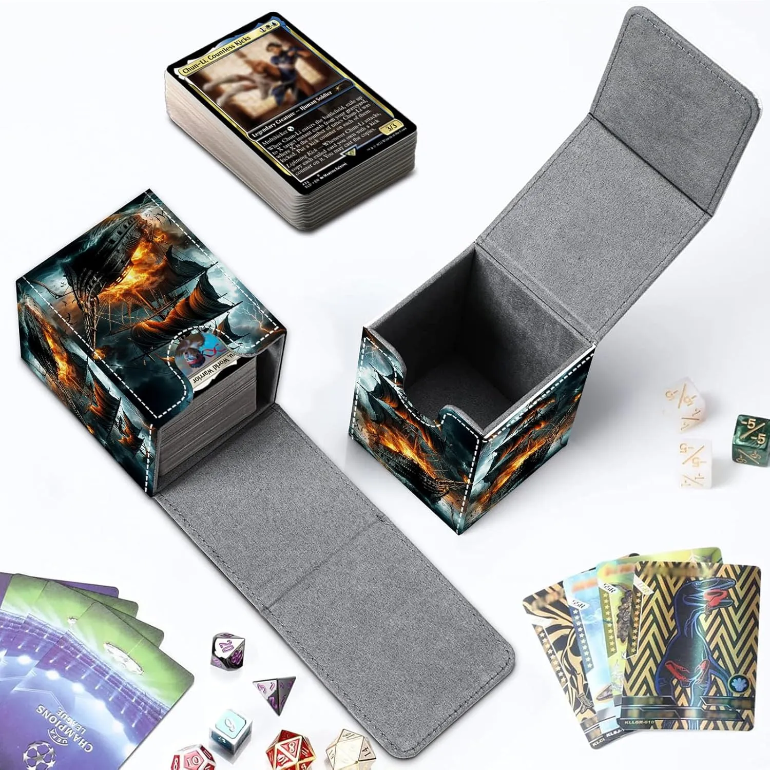 Card Deck Box for MTG Commander Trading Cards with Magnetic Closure,Premium Card Storage Box Case Cover for MTG TCG CCG Magic Cards,Pirate Ship Fire