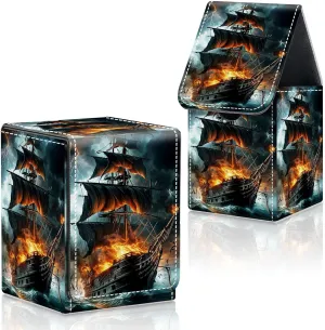 Card Deck Box for MTG Commander Trading Cards with Magnetic Closure,Premium Card Storage Box Case Cover for MTG TCG CCG Magic Cards,Pirate Ship Fire