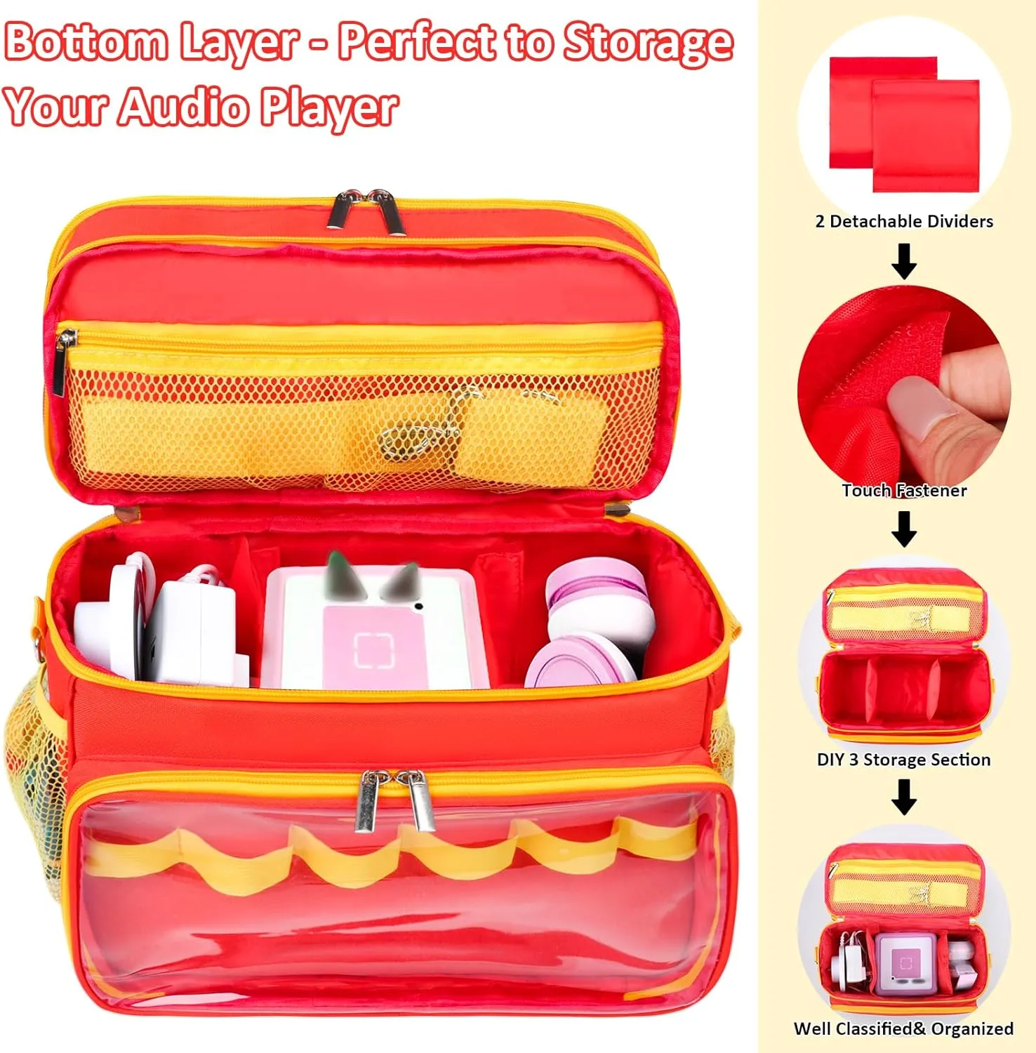Carrying Case Compatible with Toniebox Starter Set, Double Layer Storage Bag for Tonies Figures Characters, Portable Travel Organizer Case with Shoulder Strap for Tonies Box Headphones (Red)