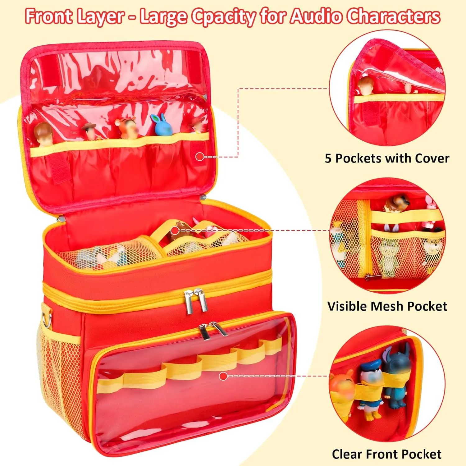 Carrying Case Compatible with Toniebox Starter Set, Double Layer Storage Bag for Tonies Figures Characters, Portable Travel Organizer Case with Shoulder Strap for Tonies Box Headphones (Red)