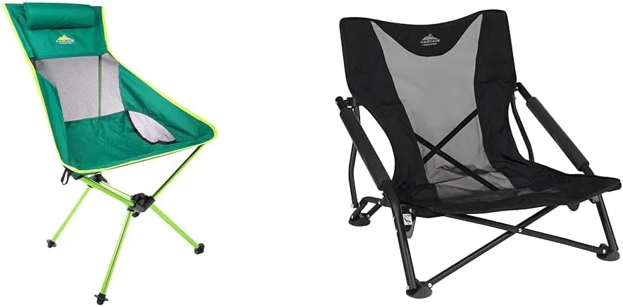 Cascade Mountain Tech Camping Chairs 2-Pack - High Back Chair with Headrest and Low Profile Folding Chair
