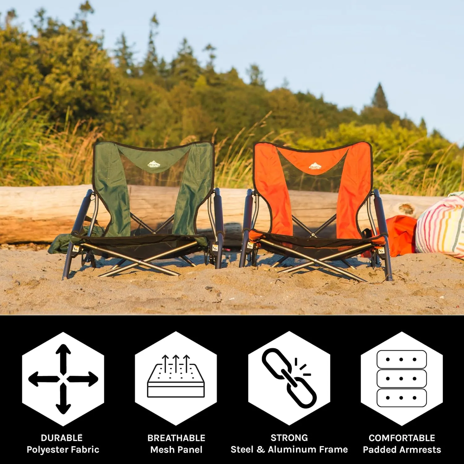 Cascade Mountain Tech Camping Chairs 2-Pack - High Back Chair with Headrest and Low Profile Folding Chair