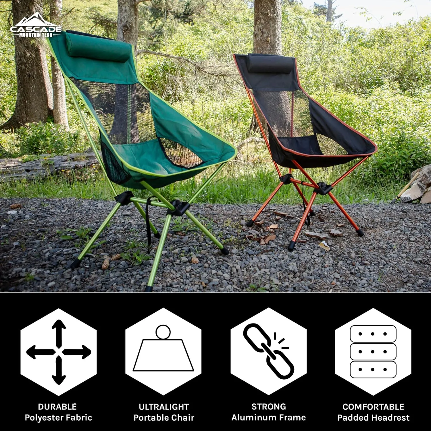 Cascade Mountain Tech Camping Chairs 2-Pack - High Back Chair with Headrest and Low Profile Folding Chair