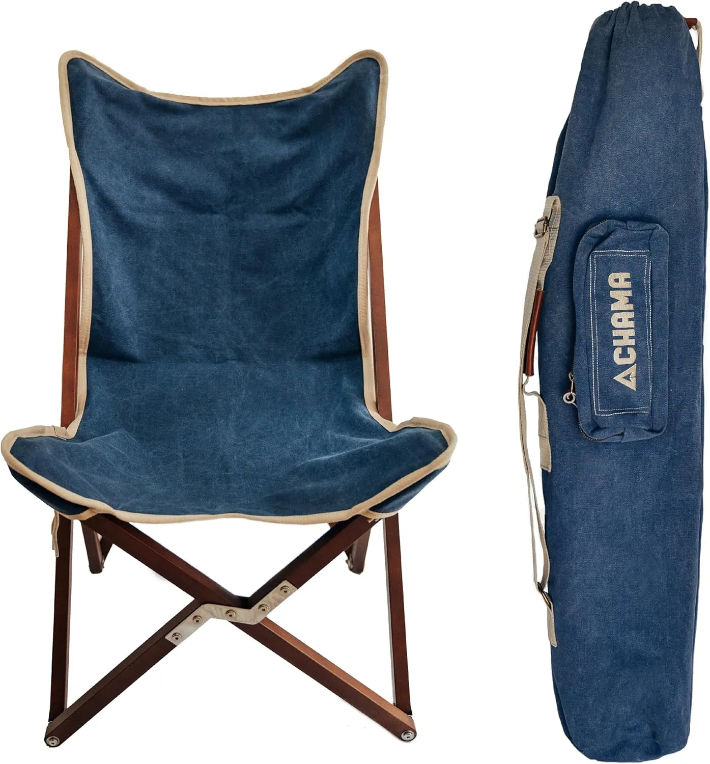 CHAMA Vaquero Chair & Travel Bag - Navy and Bone- Beautiful Outdoor Wood and Canvas Portable Folding Chair Ideal for Camping, Patios, Lawns, or Indoor Use - Supports 300 lbs