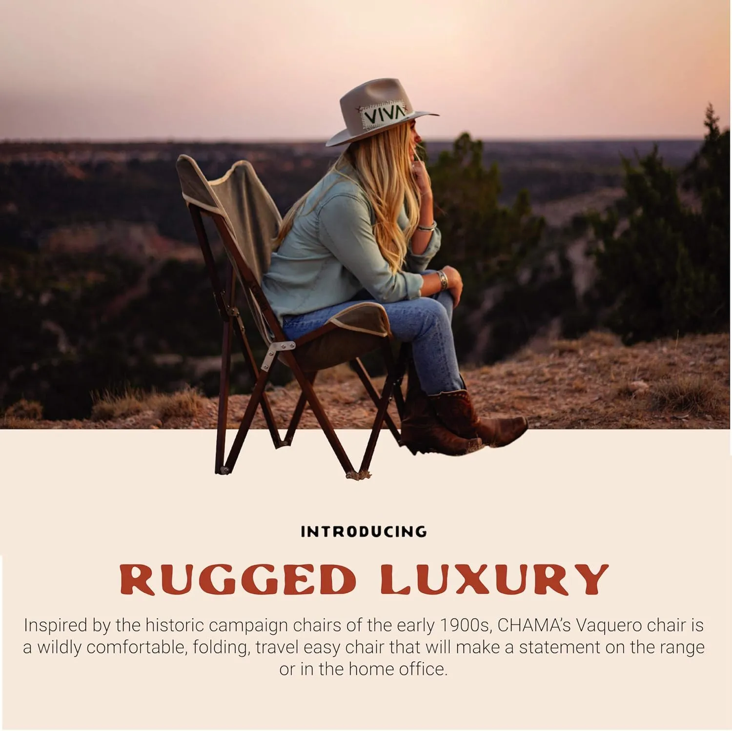 CHAMA Vaquero Chair & Travel Bag - Navy and Bone- Beautiful Outdoor Wood and Canvas Portable Folding Chair Ideal for Camping, Patios, Lawns, or Indoor Use - Supports 300 lbs