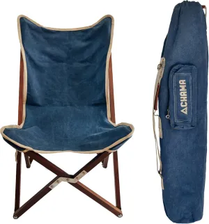 CHAMA Vaquero Chair & Travel Bag - Navy and Bone- Beautiful Outdoor Wood and Canvas Portable Folding Chair Ideal for Camping, Patios, Lawns, or Indoor Use - Supports 300 lbs