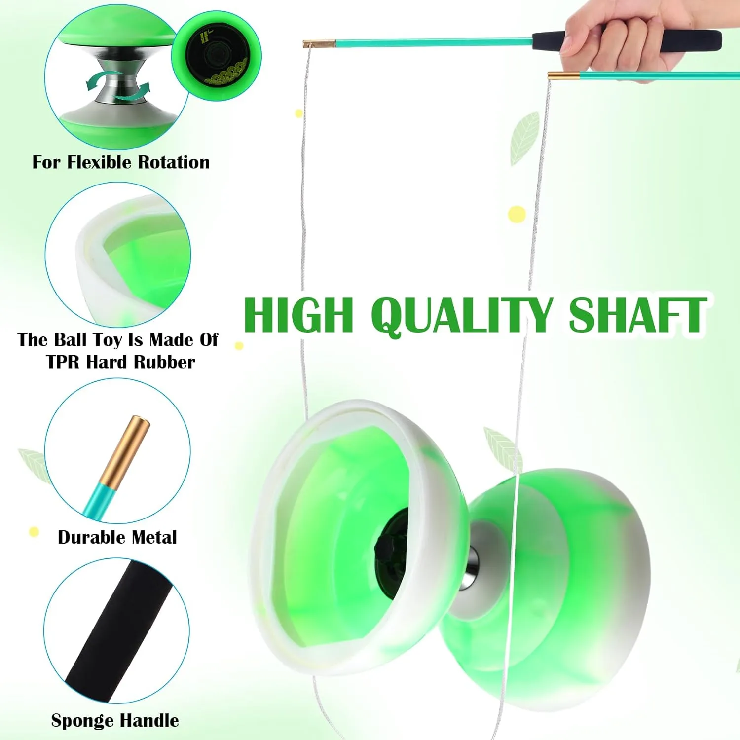 Chinese Yoyo Diabolo Set Includes Colorful LED Diabolo Toy Light up with 2 Pieces Sticks, 1 Piece String, 1 Net Bag for Fun(Green)