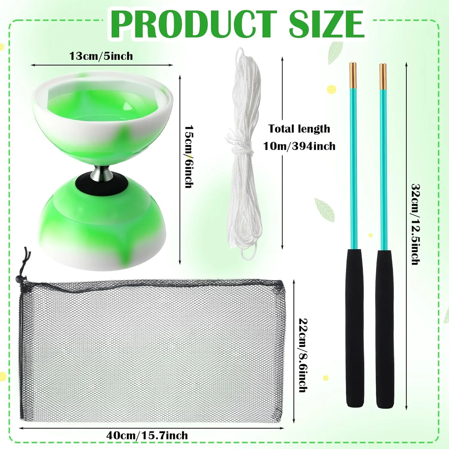Chinese Yoyo Diabolo Set Includes Colorful LED Diabolo Toy Light up with 2 Pieces Sticks, 1 Piece String, 1 Net Bag for Fun(Green)
