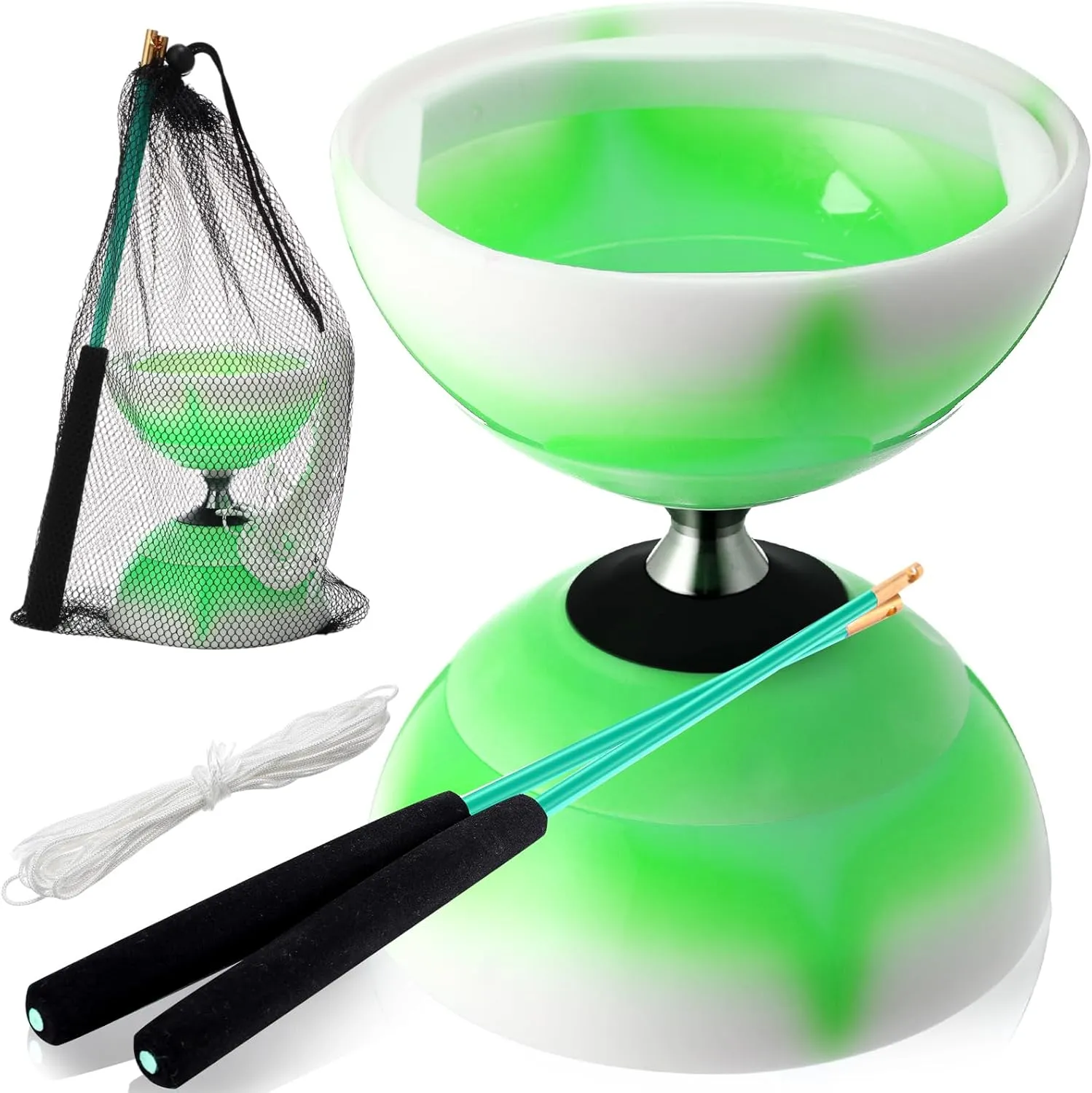 Chinese Yoyo Diabolo Set Includes Colorful LED Diabolo Toy Light up with 2 Pieces Sticks, 1 Piece String, 1 Net Bag for Fun(Green)