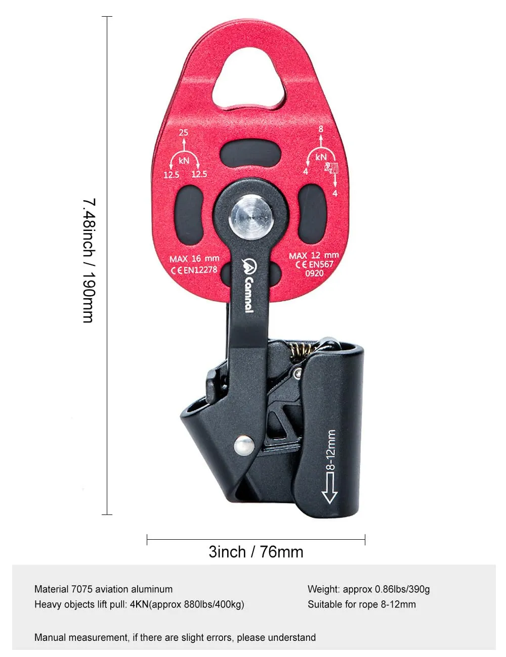 Climbing Lift Pulley One-Way Climbing Ascender Pulley, Heavy Object Lifter Ascender Device, for Mountaineering, Caving, Aerial Work, Rescue, Heavy Lifting and so on (7.48, Black, 1)