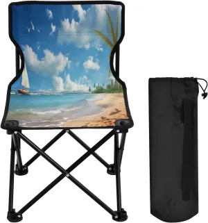 Coconut Tree by The Sea Portable Outdoor Folding Chair Anti-Slip Padded Oxford Cloth Stool Camping Chair Small for Beach Hiking Fishing Gardening Quad Camp Chair