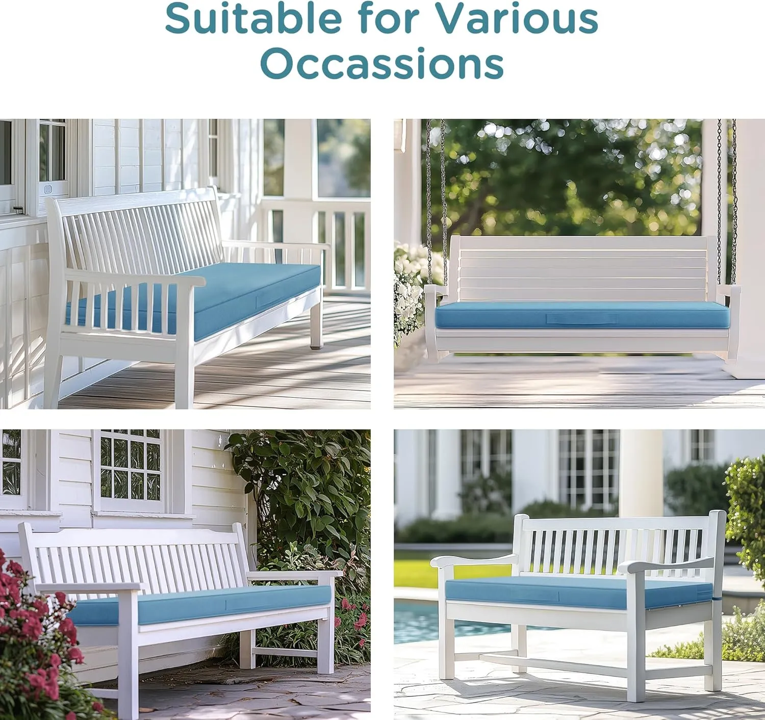 Codi Outdoor Bench Cushion 48 inch, Double Waterproof Patio Furniture Cushions Replacement for Swing, Porch, Couch, 48x18x3'', Teal Blue