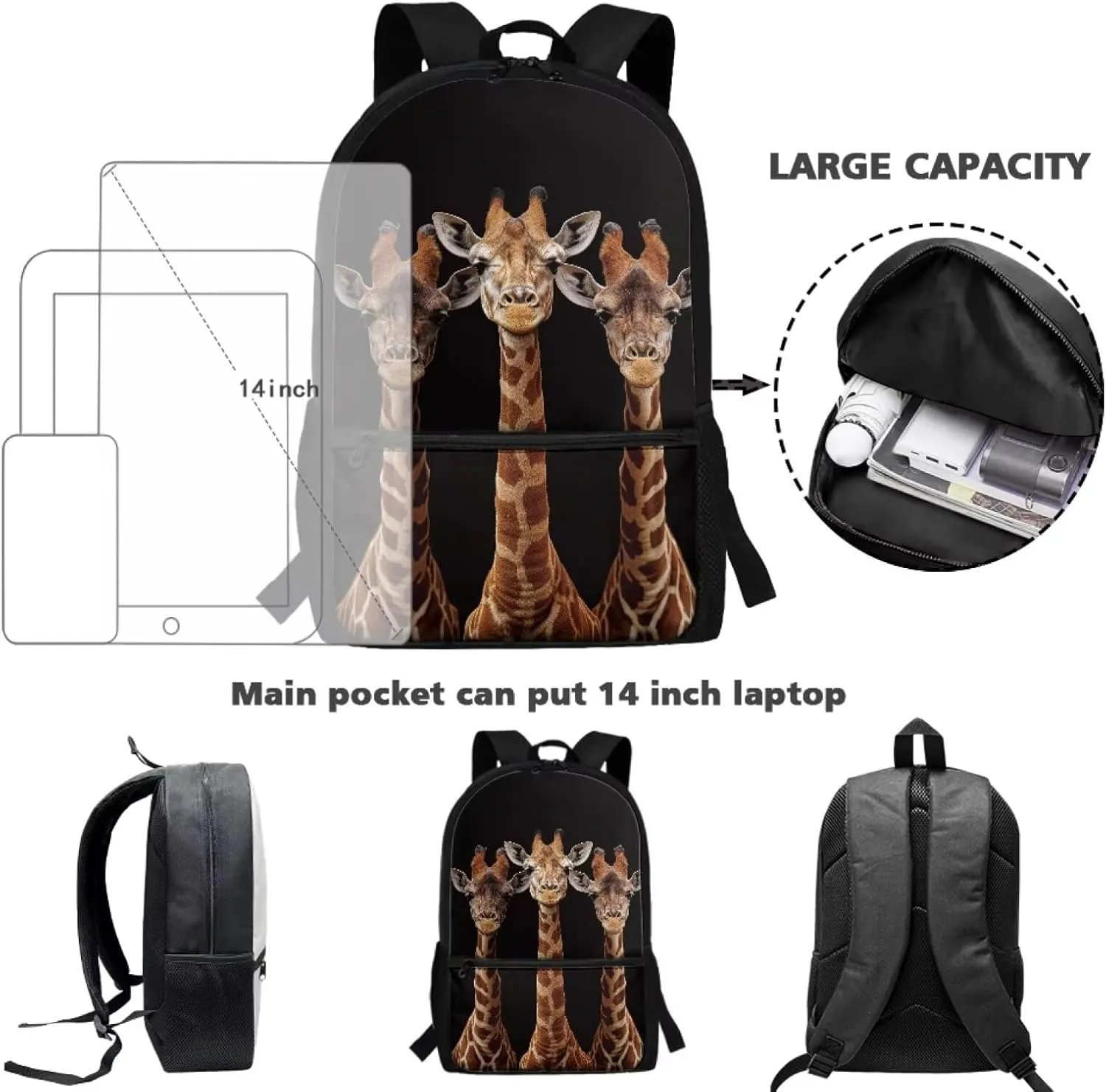 Coldinair 3D Giraffe School Backpack for Teens Boys Boys Bookbag 10-12 Years Old Large Backpack for Elementary Middle School Children's School Bag Rucksack with Water Bottle Pocket