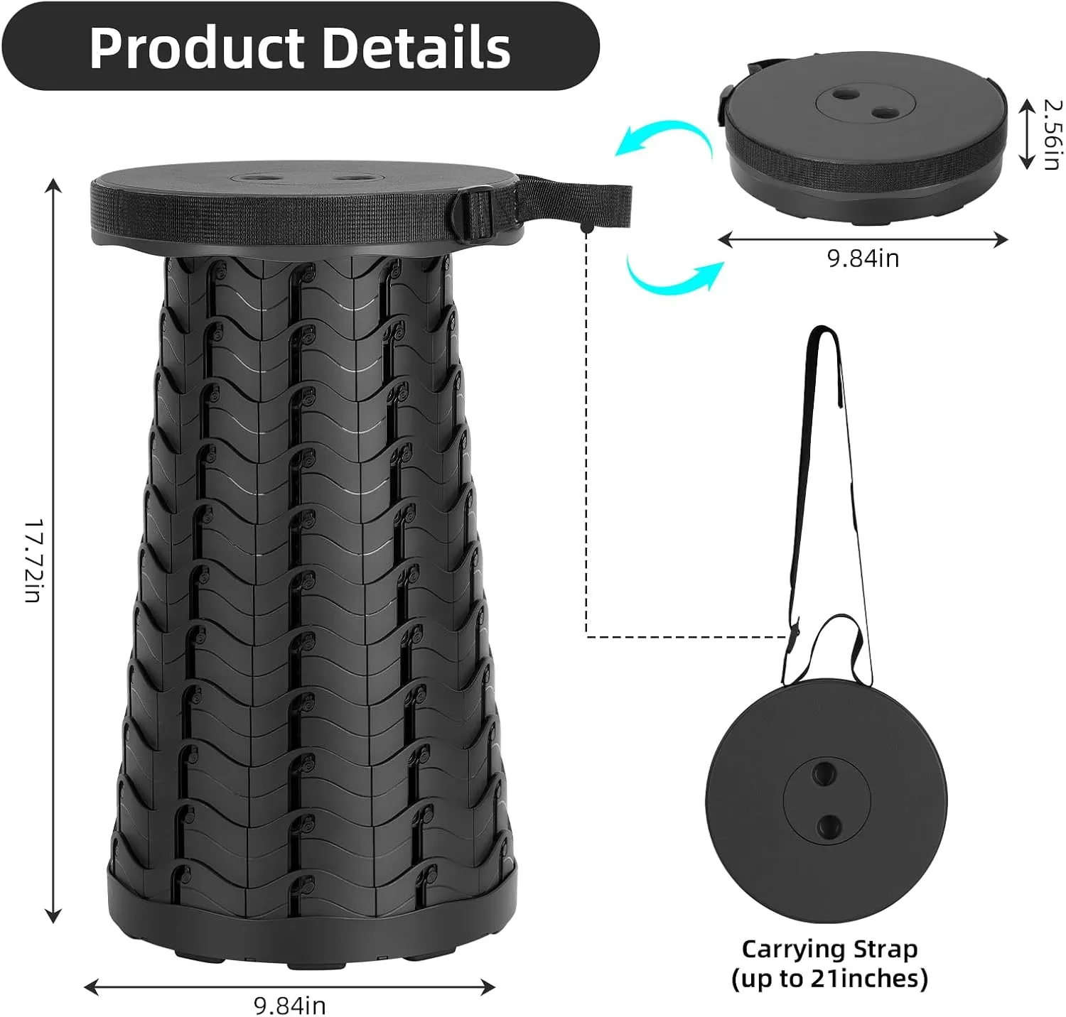 Collapsible Stool, Folding Chair - Upgraded Portable Chair with Load Capacity 400lbs, Portable Stool for Camping Fishing Hiking - Folding Stool with Carrying Straps,Gifts for Fisherman (Black)