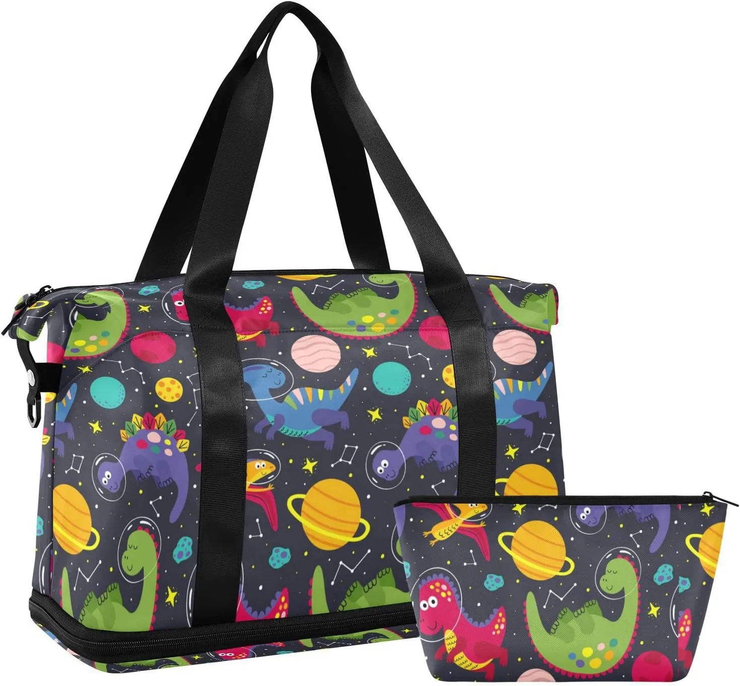 Colorful Childish Dinosaurs in Galaxy Space Universe on Black Foldable Travel Bag, Camping Luggage bag, Portable Gym Bag, Sports Bag, Toiletry Bag with Handles Adjustable Shoulder Strap