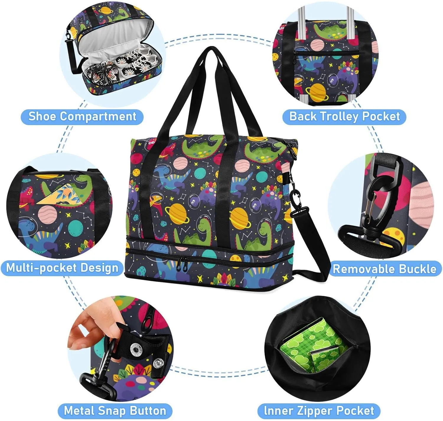 Colorful Childish Dinosaurs in Galaxy Space Universe on Black Foldable Travel Bag, Camping Luggage bag, Portable Gym Bag, Sports Bag, Toiletry Bag with Handles Adjustable Shoulder Strap