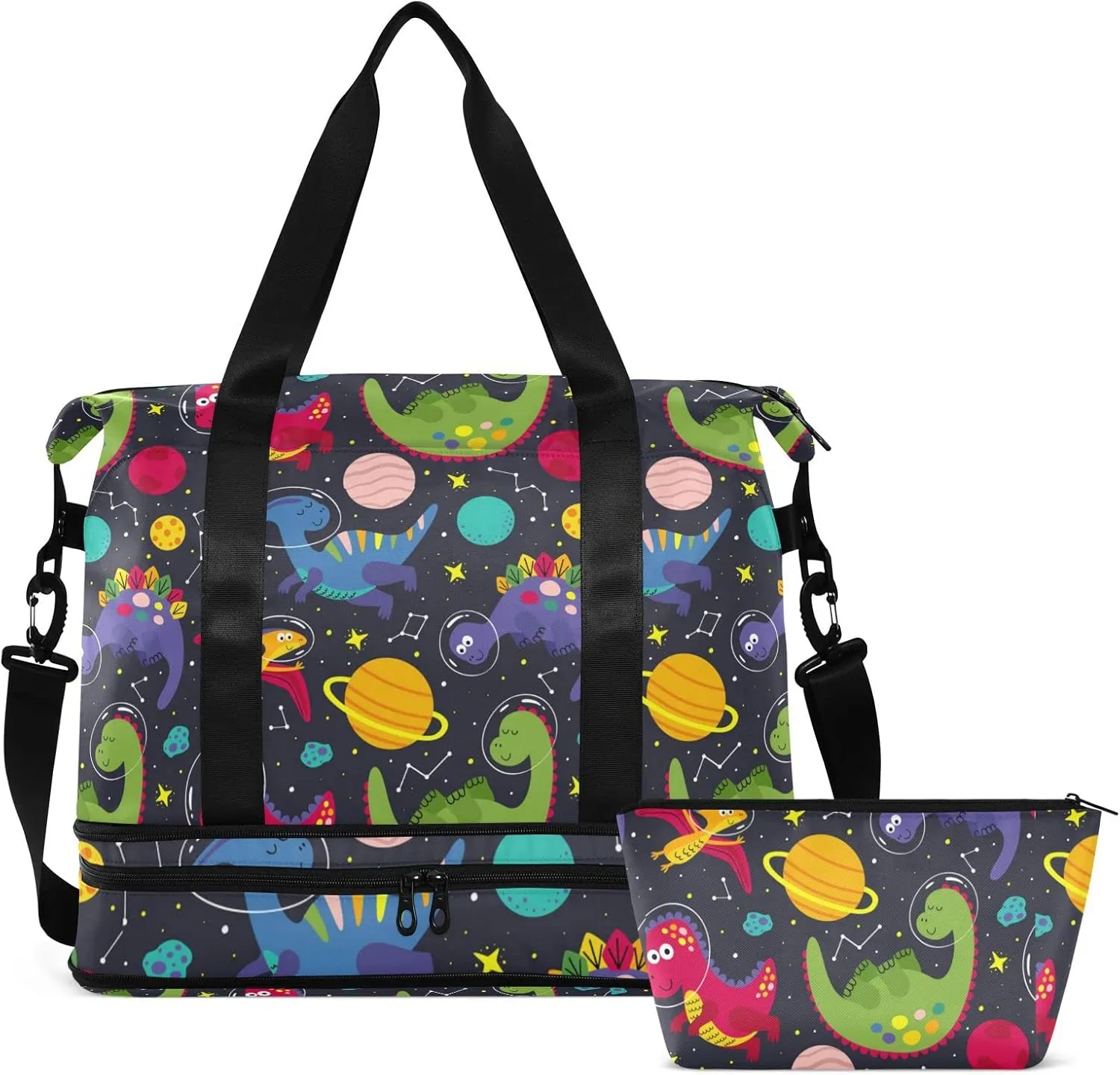 Colorful Childish Dinosaurs in Galaxy Space Universe on Black Foldable Travel Bag, Camping Luggage bag, Portable Gym Bag, Sports Bag, Toiletry Bag with Handles Adjustable Shoulder Strap