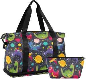 Colorful Childish Dinosaurs in Galaxy Space Universe on Black Foldable Travel Bag, Camping Luggage bag, Portable Gym Bag, Sports Bag, Toiletry Bag with Handles Adjustable Shoulder Strap