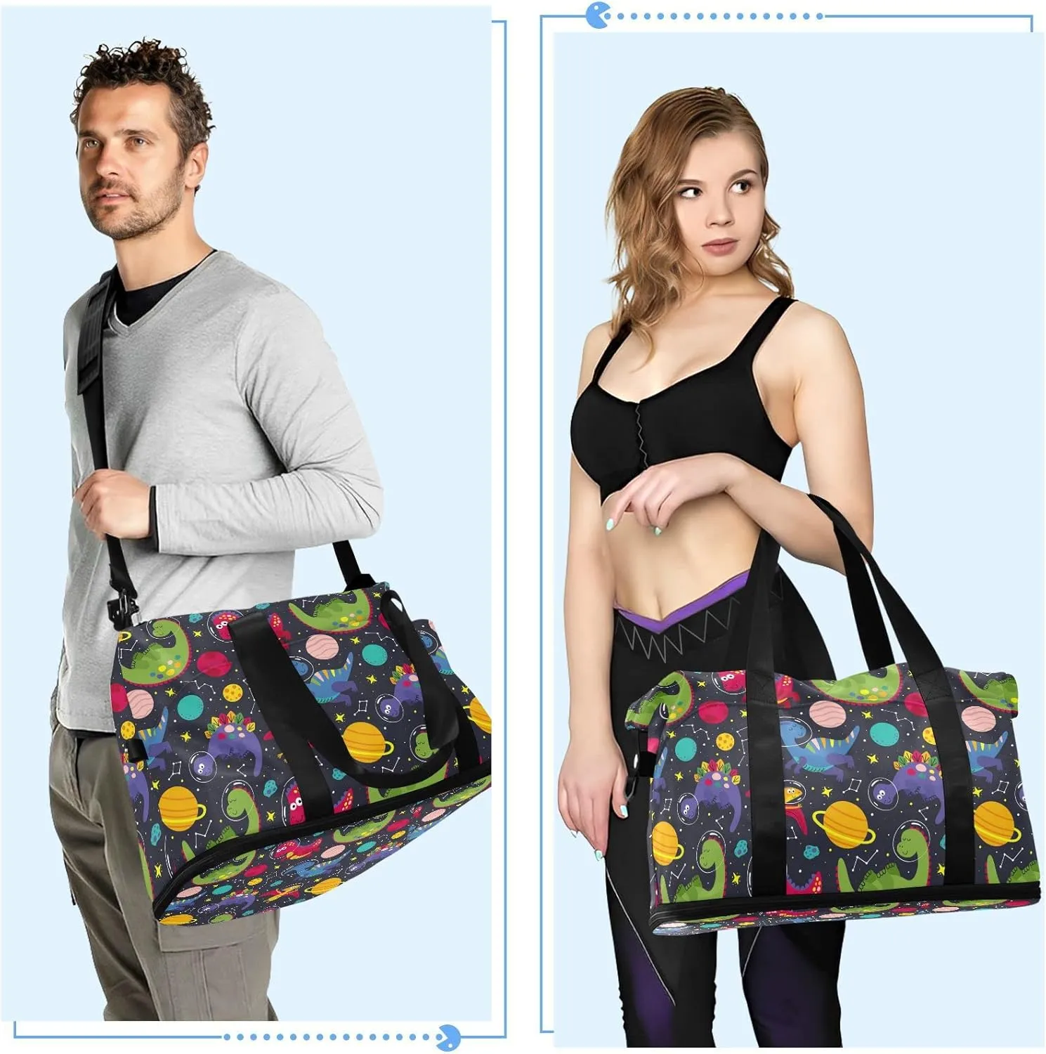 Colorful Childish Dinosaurs in Galaxy Space Universe on Black Foldable Travel Bag, Camping Luggage bag, Portable Gym Bag, Sports Bag, Toiletry Bag with Handles Adjustable Shoulder Strap