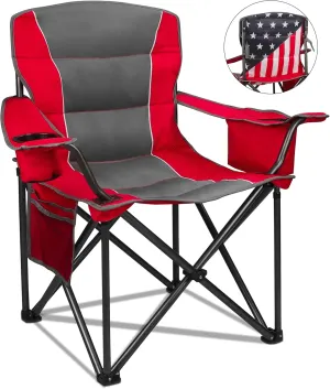 Colorsoul Heavy Duty Folding Camping Chair, Outdoor Oversized Camping Chair w/Cup Holder & Cooler Bag, Portable Padded Lawn Chair for Beach Picnic Sports, U.S. Flag(Red)