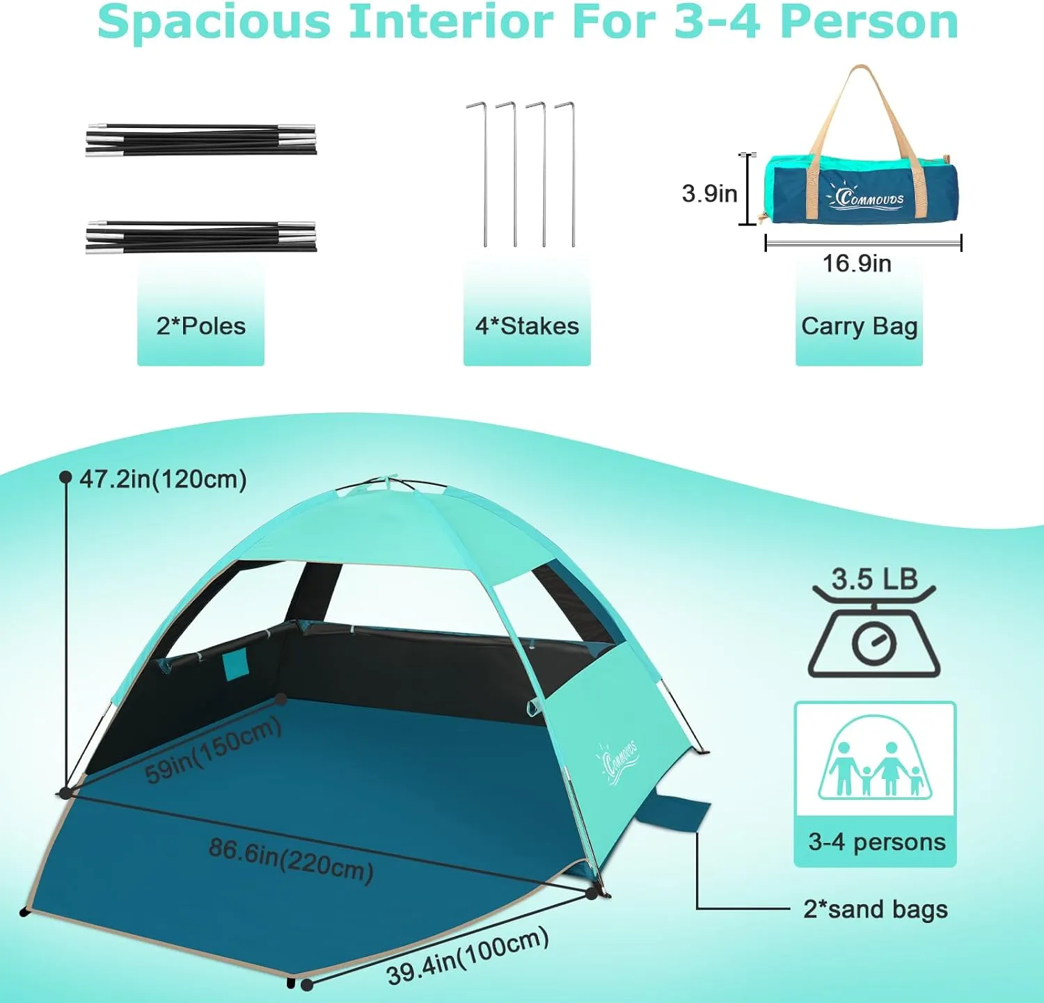 COMMOUDS Beach Tent Sun Shade for 3/4-5/6-7/8-10 Person, UPF 50  Beach Sun Shelter Canopy Tent, Lightweight, Easy Set Up and Carry