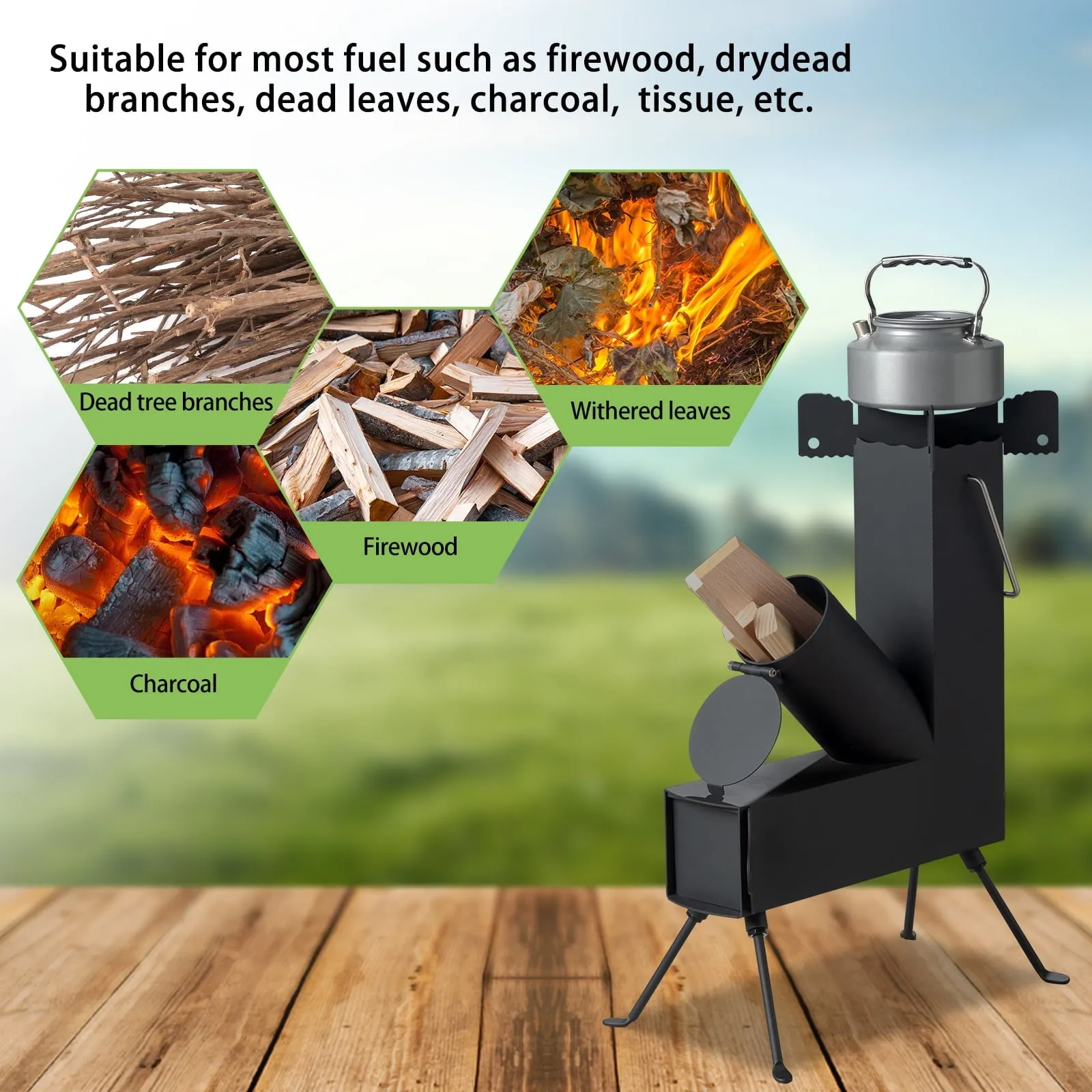 COOKCOK Camping rocket stove, Chimney Covered, Foldable, 9.44"D x 17"W x 22"H, Alloy Steel, Black