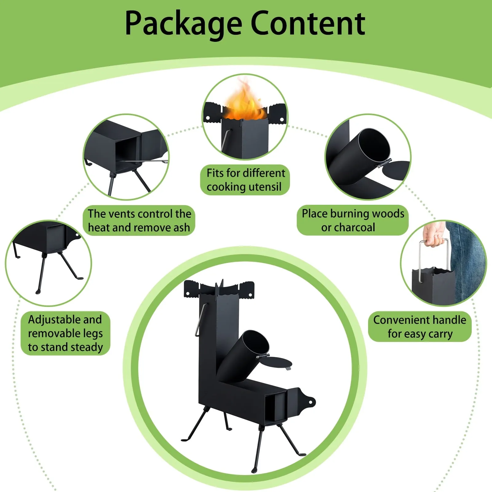 COOKCOK Camping rocket stove, Chimney Covered, Foldable, 9.44"D x 17"W x 22"H, Alloy Steel, Black