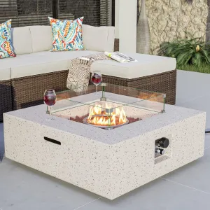 COSIEST Square Outdoor Sandstone Propane Fire Pit w Wind Guard, CSA Certified, 50,000 BTU Stainless Steel Burner, 35-inch, Free Lava Rocks and Rain Cover, Tank Outside, Metal Lid