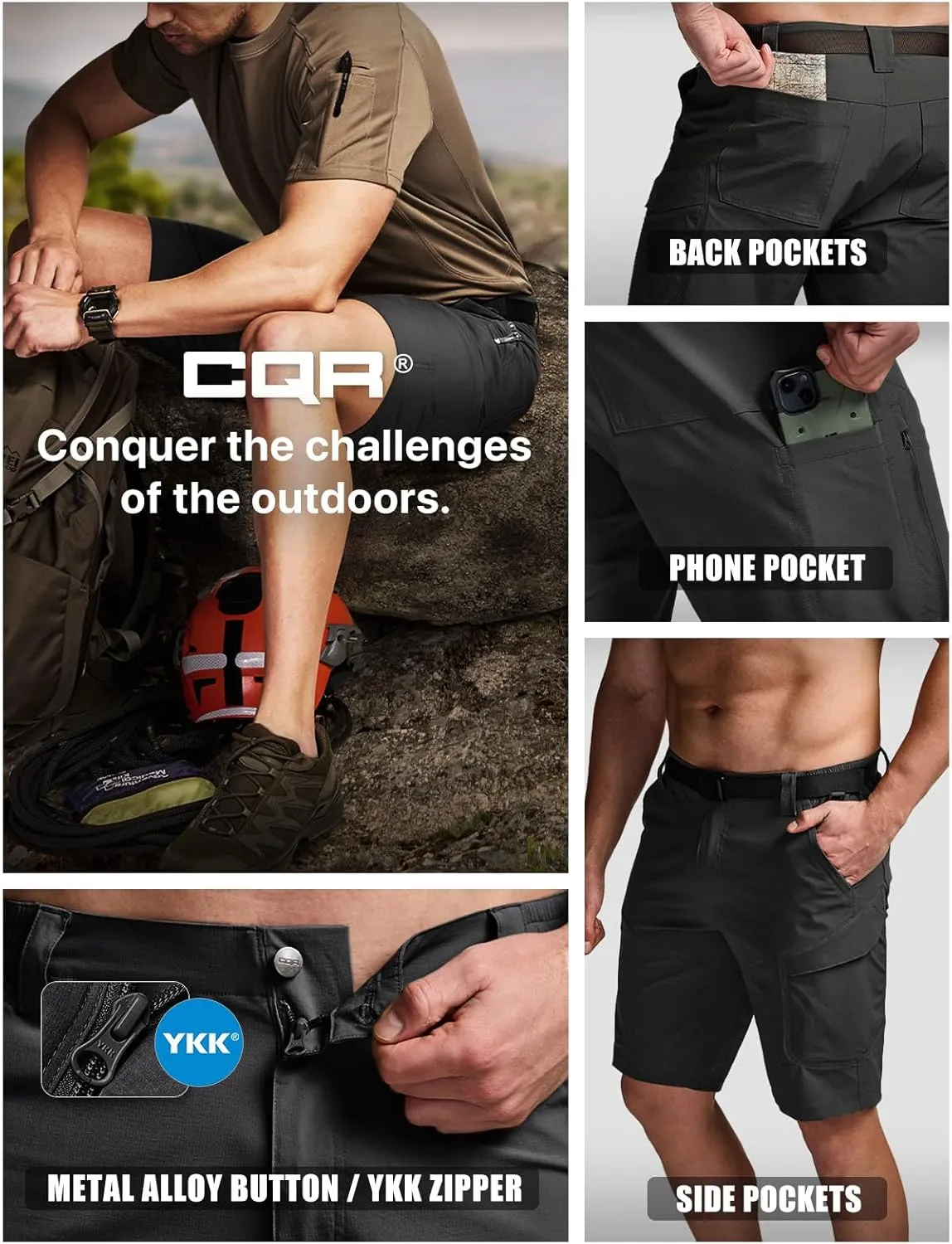 CQR Men's Hiking Cargo Shorts, Quick Dry Stretch Tactical Outdoor Shorts, Lightweight Camping Golf Shorts with Multi Pockets