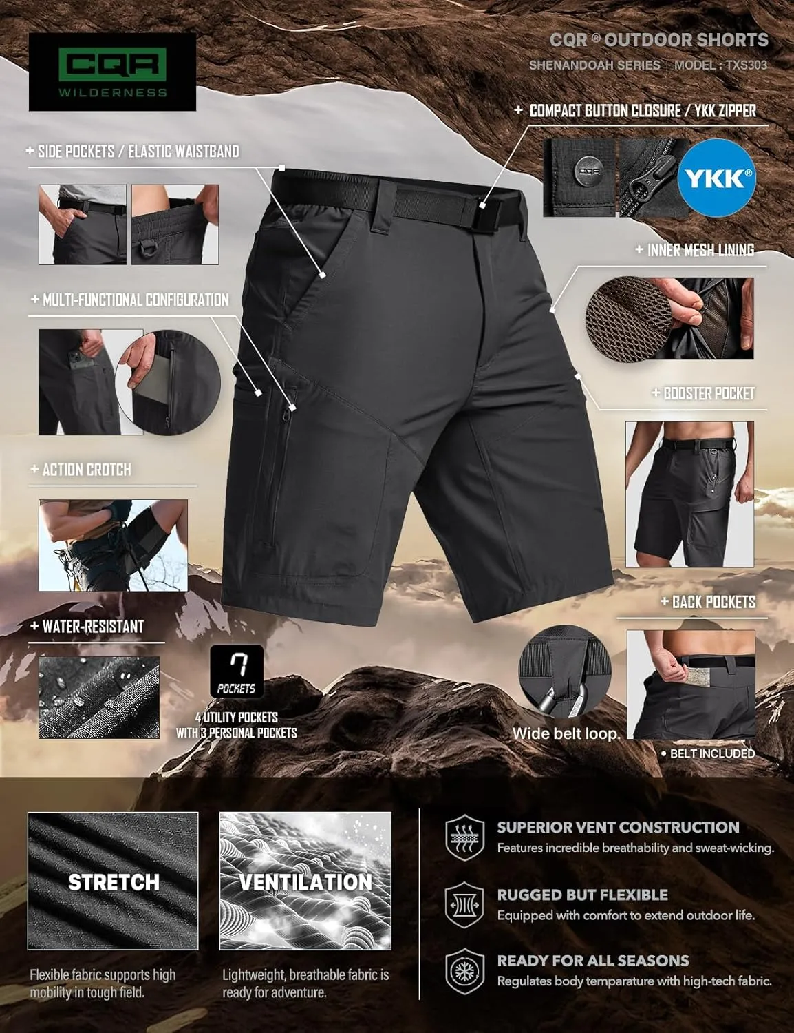 CQR Men's Hiking Cargo Shorts, Quick Dry Stretch Tactical Outdoor Shorts, Lightweight Camping Golf Shorts with Multi Pockets