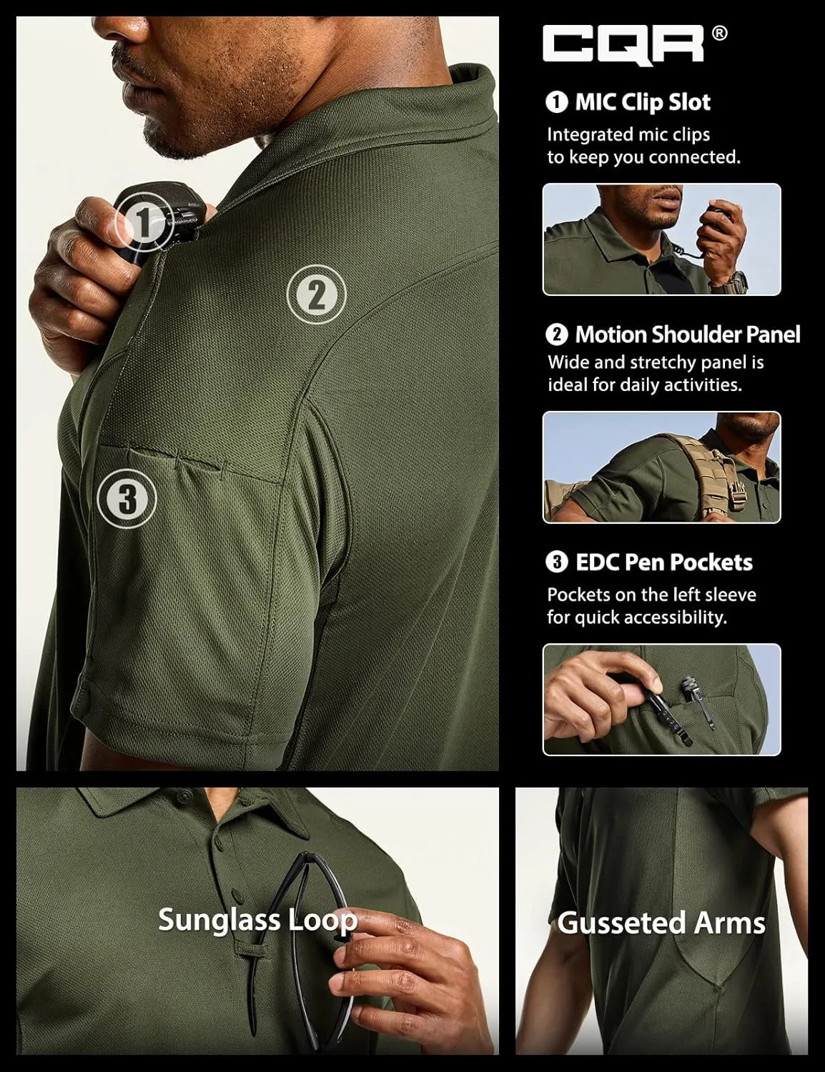 CQR Men's Polo Shirts, Tactical Short Sleeve Golf Performance Shirts, Lightweight Dry Fit UPF 50  Pique