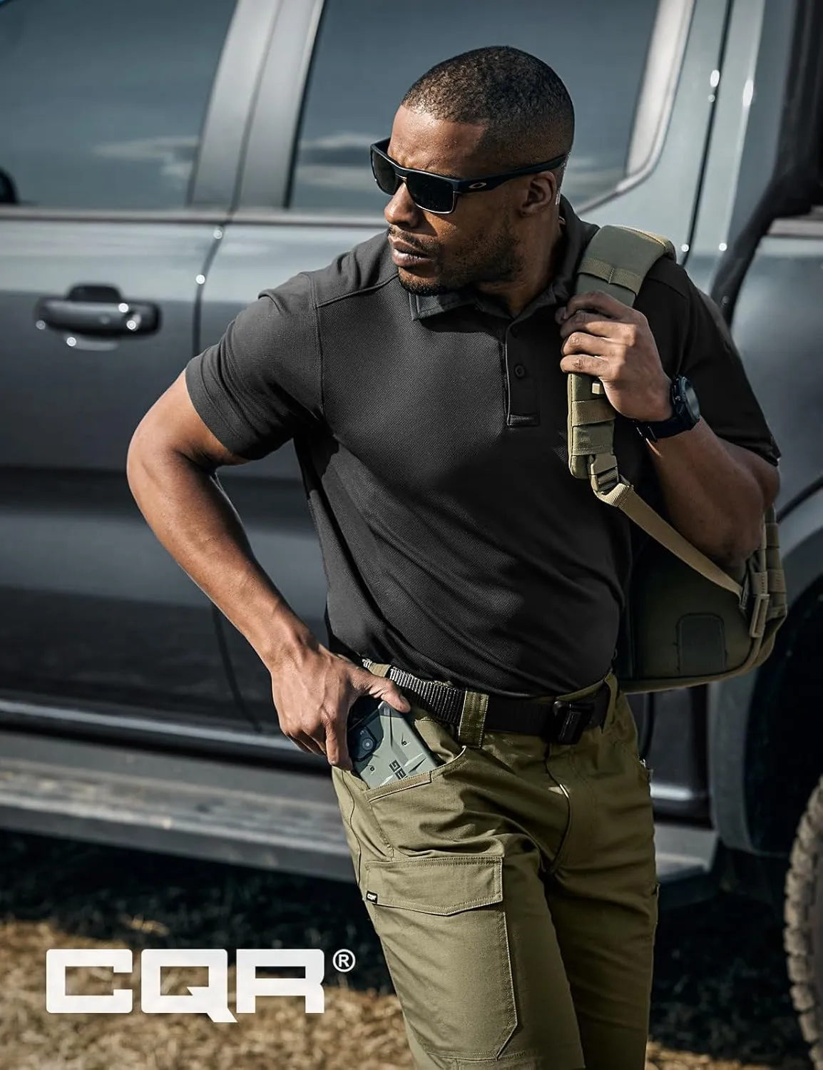 CQR Men's Polo Shirts, Tactical Short Sleeve Golf Performance Shirts, Lightweight Dry Fit UPF 50  Pique