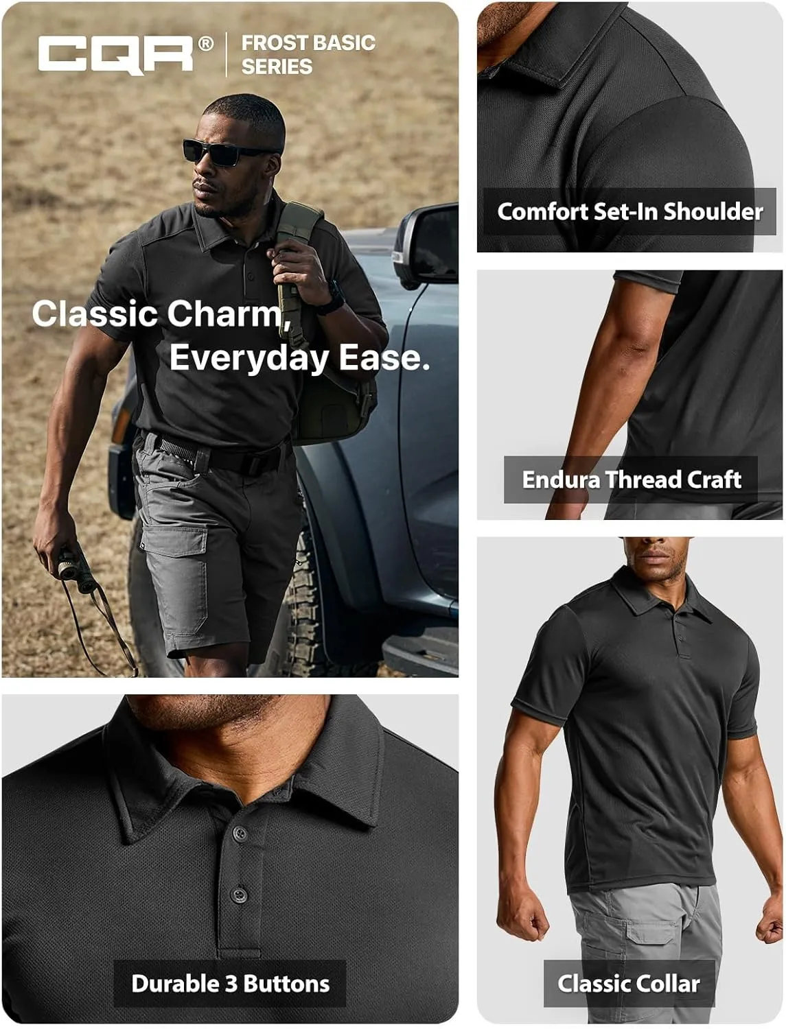 CQR Men's Polo Shirts, Tactical Short Sleeve Golf Performance Shirts, Lightweight Dry Fit UPF 50  Pique