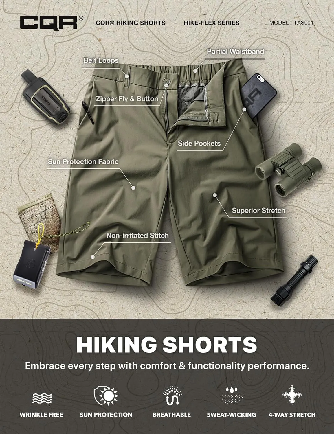 CQR Men's Quick Dry Stretch Hiking Cargo Shorts, Lightweight Water Resistant Tactical Casual, Golf & Outdoor with Pockets