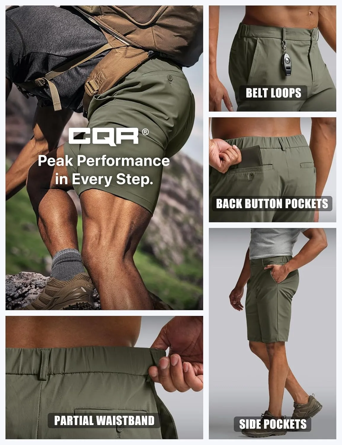 CQR Men's Quick Dry Stretch Hiking Cargo Shorts, Lightweight Water Resistant Tactical Casual, Golf & Outdoor with Pockets