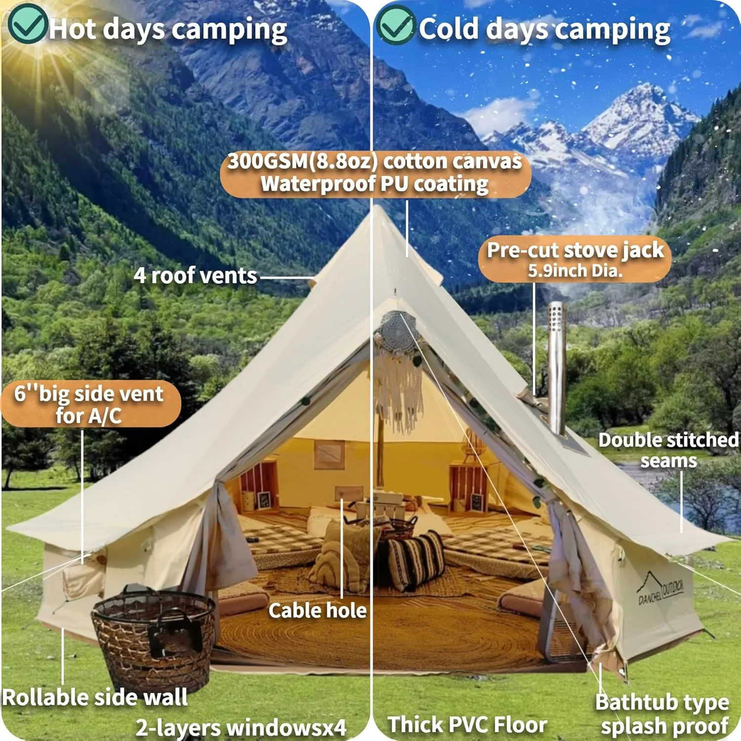 DANCHEL OUTDOOR B5PRO 4 Season Canvas Bell Tent with 2 Stove Jacks, Glamping Yurt Tent for All Year Living 4/6/8 Person Large Hot Tent Camping, 13/16.4/20ft