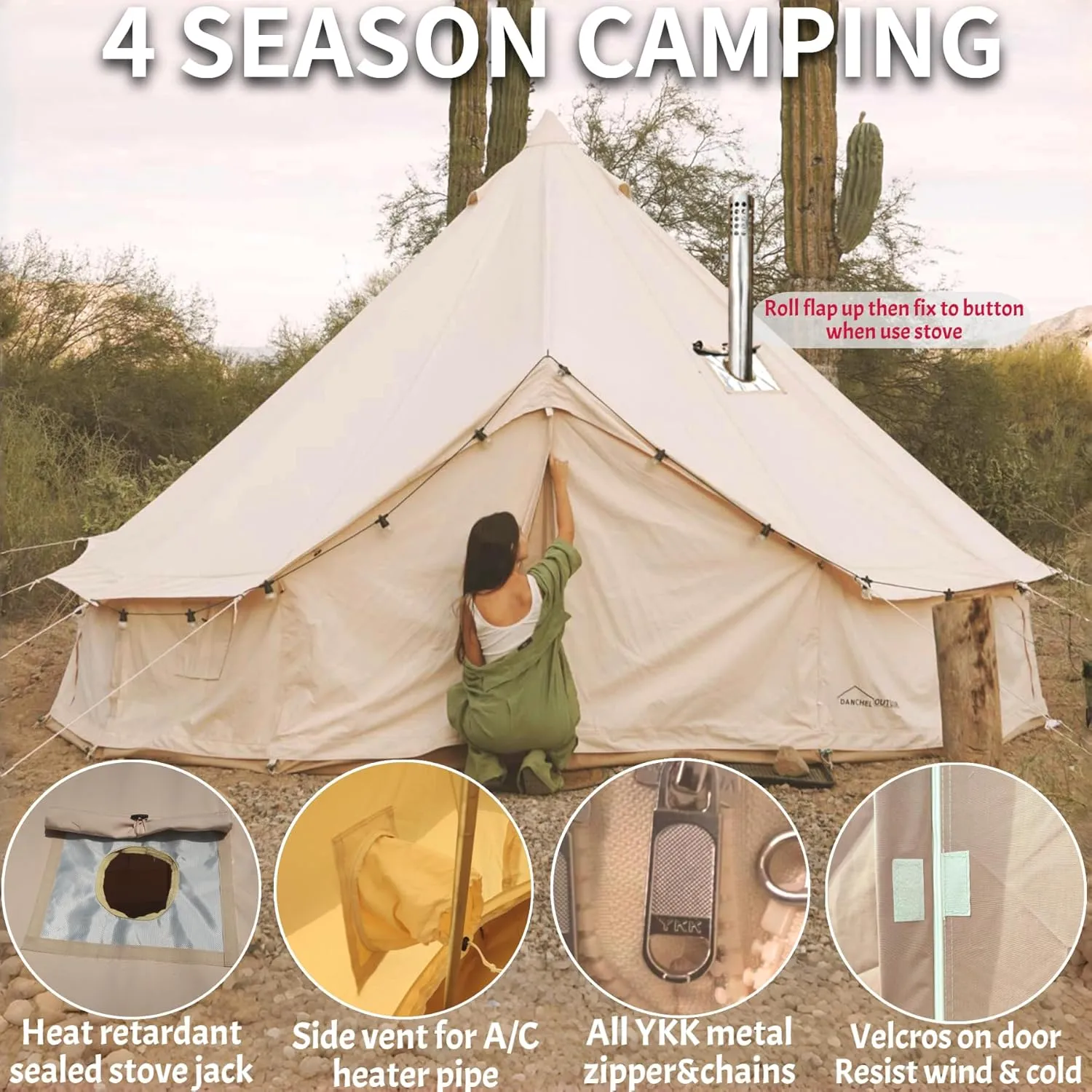 DANCHEL OUTDOOR B5PRO 4 Season Canvas Bell Tent with 2 Stove Jacks, Glamping Yurt Tent for All Year Living 4/6/8 Person Large Hot Tent Camping, 13/16.4/20ft