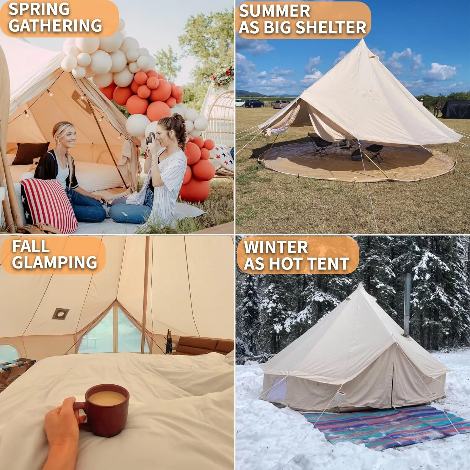 DANCHEL OUTDOOR B5PRO 4 Season Canvas Bell Tent with 2 Stove Jacks, Glamping Yurt Tent for All Year Living 4/6/8 Person Large Hot Tent Camping, 13/16.4/20ft