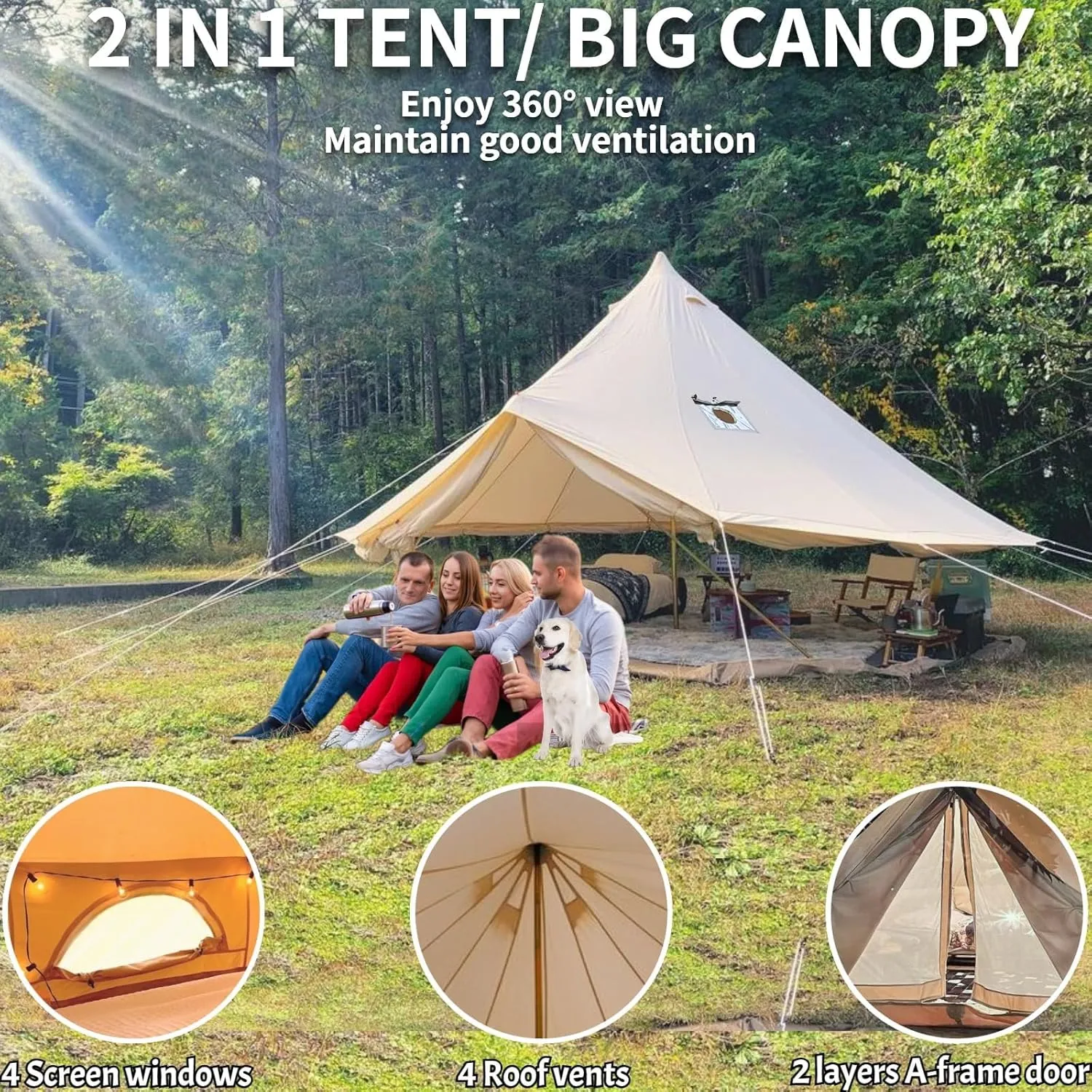 DANCHEL OUTDOOR B5PRO 4 Season Canvas Bell Tent with 2 Stove Jacks, Glamping Yurt Tent for All Year Living 4/6/8 Person Large Hot Tent Camping, 13/16.4/20ft