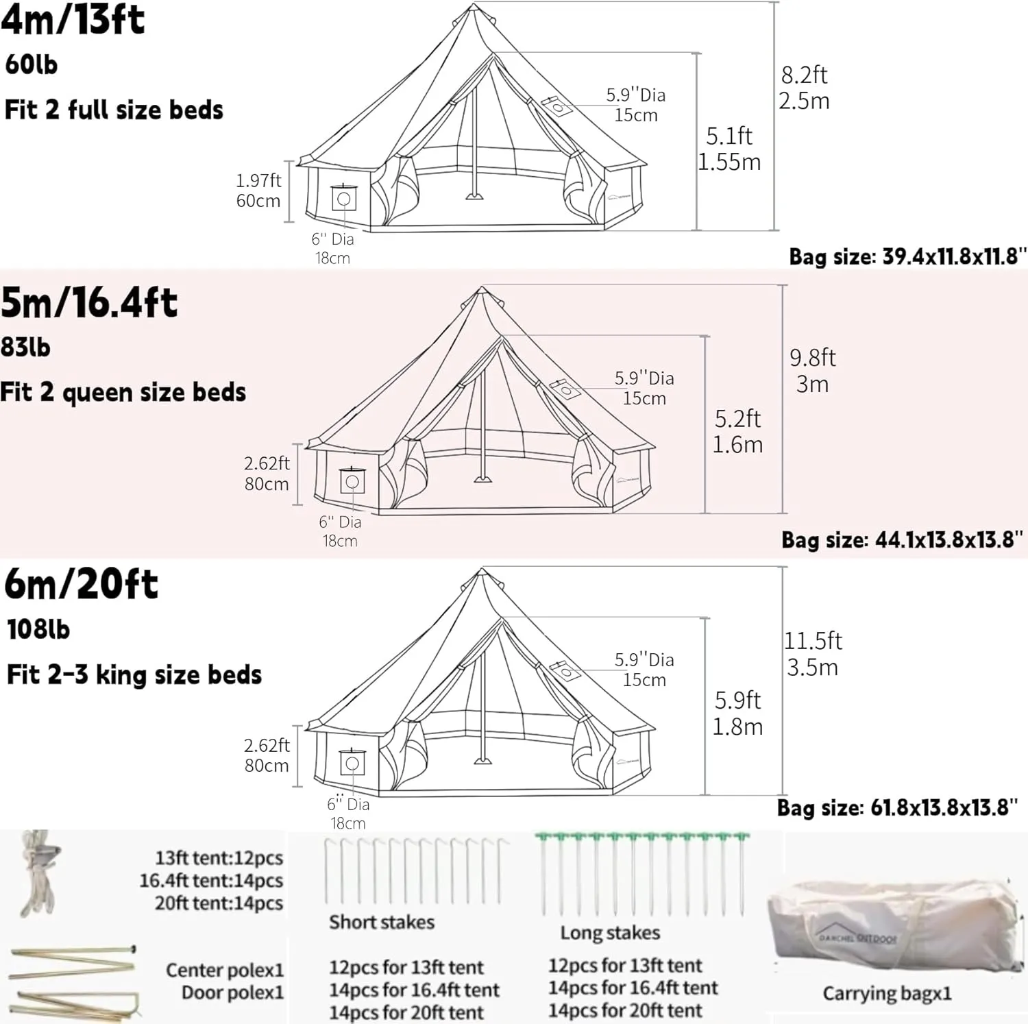 DANCHEL OUTDOOR B5PRO 4 Season Canvas Bell Tent with 2 Stove Jacks, Glamping Yurt Tent for All Year Living 4/6/8 Person Large Hot Tent Camping, 13/16.4/20ft