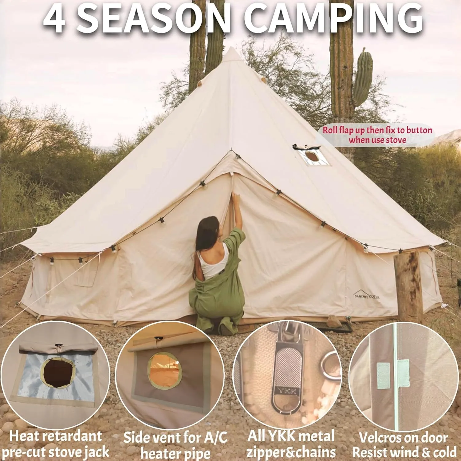 DANCHEL OUTDOOR B5PROA 4 Season Canvas Bell Tent - No Center Pole, Roomy Canvas Yurt Tent with Stove Jack for 4-6 Person All Year Camping