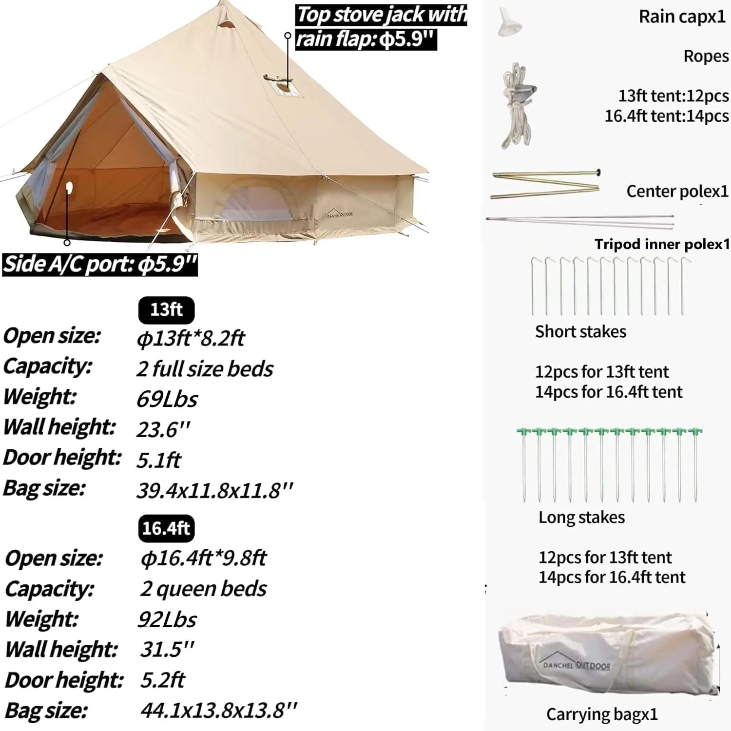 DANCHEL OUTDOOR B5PROA 4 Season Canvas Bell Tent - No Center Pole, Roomy Canvas Yurt Tent with Stove Jack for 4-6 Person All Year Camping