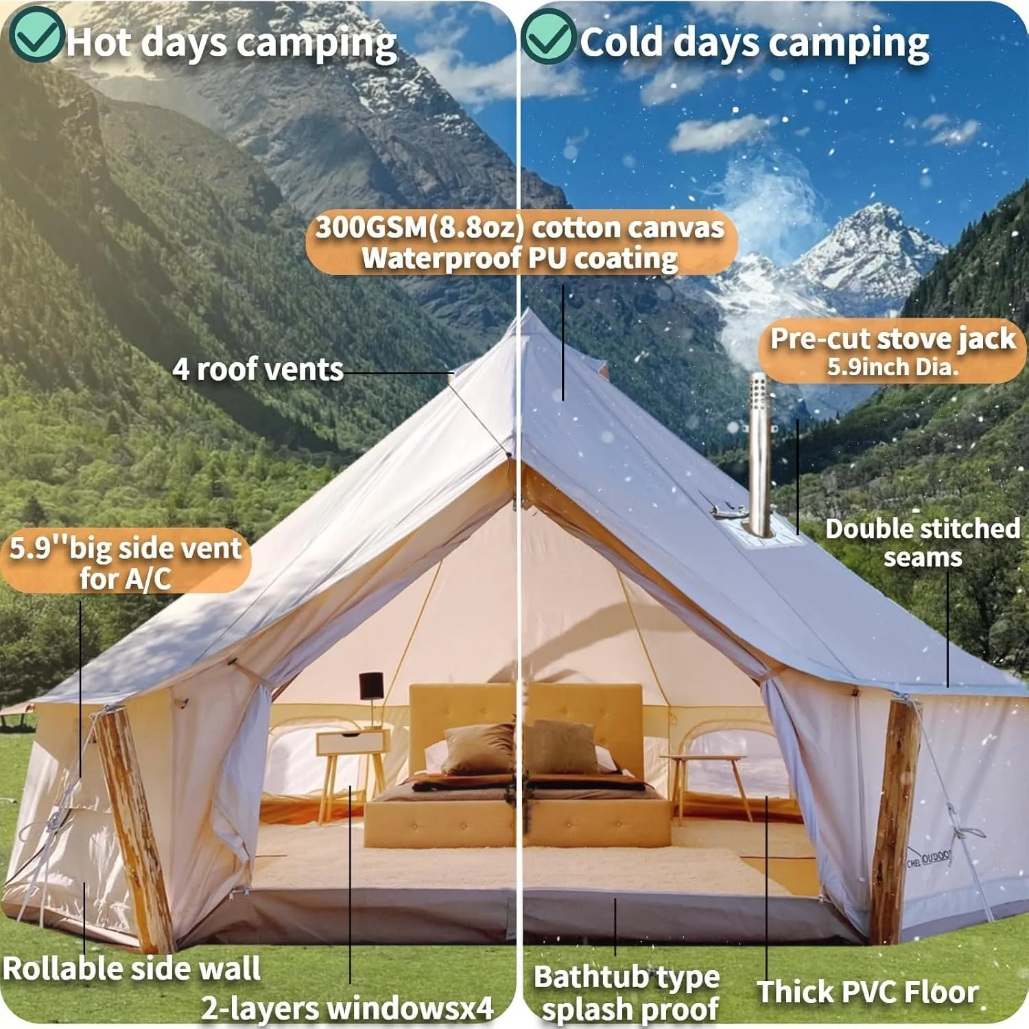 DANCHEL OUTDOOR B5PROA 4 Season Canvas Bell Tent - No Center Pole, Roomy Canvas Yurt Tent with Stove Jack for 4-6 Person All Year Camping