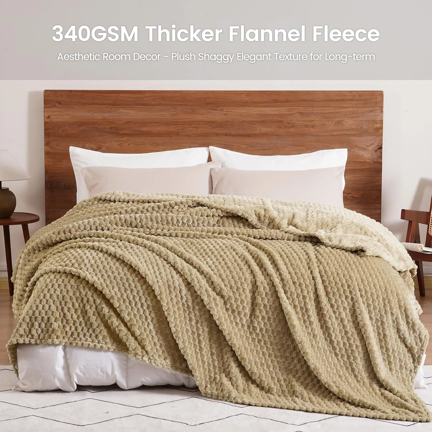 David's Home Ultra Soft Fleece Blanket Queen Size, Warm Lightweight 3D Jacquard Flannel Blanket for Fall Winter, Fluffy Cozy Luxury Plush Suitable for Bed Room Decor,90"x90", Light Khaki