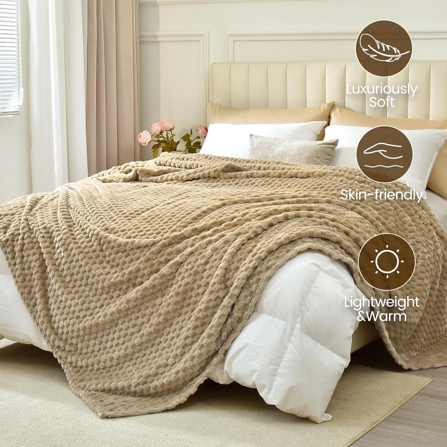 David's Home Ultra Soft Fleece Blanket Queen Size, Warm Lightweight 3D Jacquard Flannel Blanket for Fall Winter, Fluffy Cozy Luxury Plush Suitable for Bed Room Decor,90"x90", Light Khaki