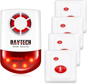 Daytech Remote Emergency Strobe Siren Alarm Kit Waterproof Outdoor Loud Panic Sos Warning System for Business Home Shop Hotel School 800ft 1 Red Flashing Siren  4 Call Buttons